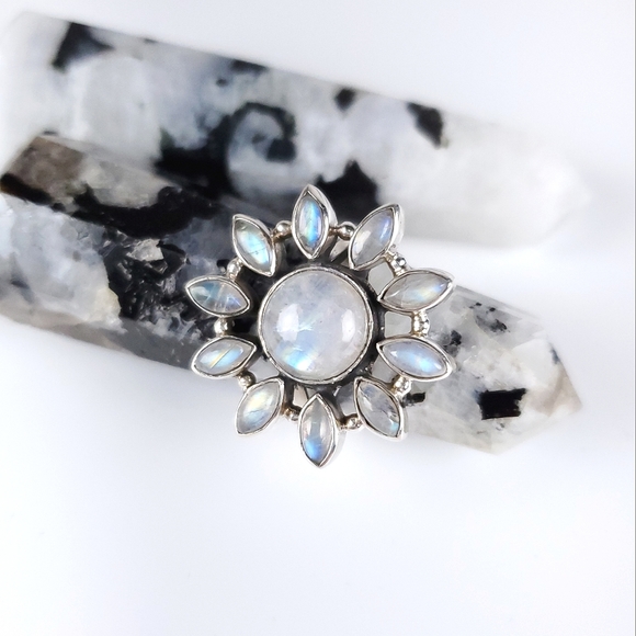 925 Sterling Silver Flower Starburst Rainbow Moonstone Ring New Size 7.75 - Picture 5 of 16